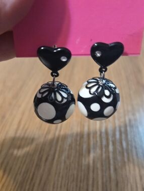 Betsey Johnson Black & White Polka Dot Heart Drop Earrings